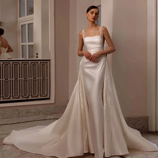 Wedding Dresses- Cathedral Satin Wedding Dress Mermaid Bridal Gown with Detachable Train- Cascading White- IndioGear Women Clothing