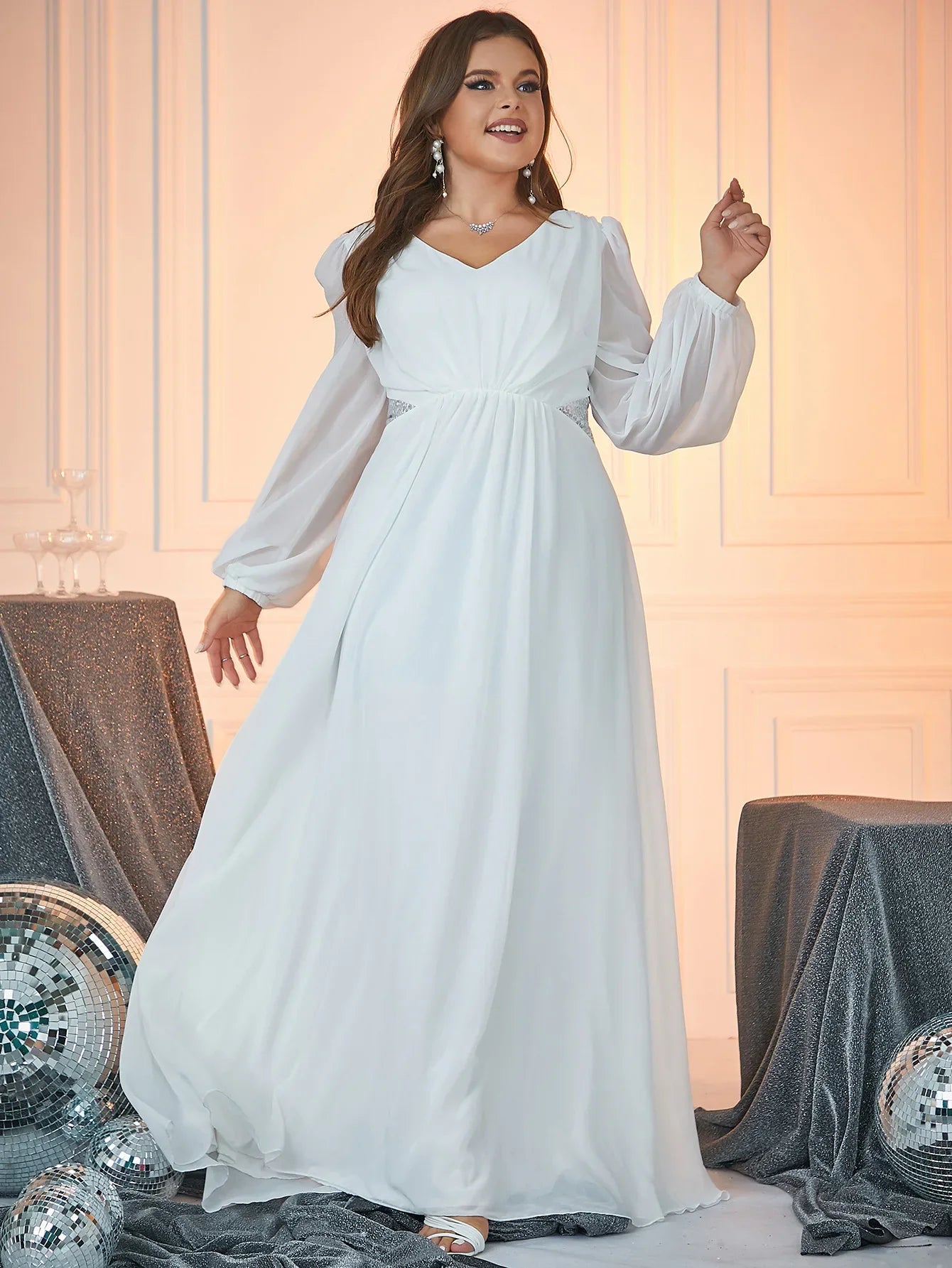 Wedding Dresses- Classic Bridal Gown Plus Size Long Sleeve Wedding Dress- - IndioGear Women Clothing