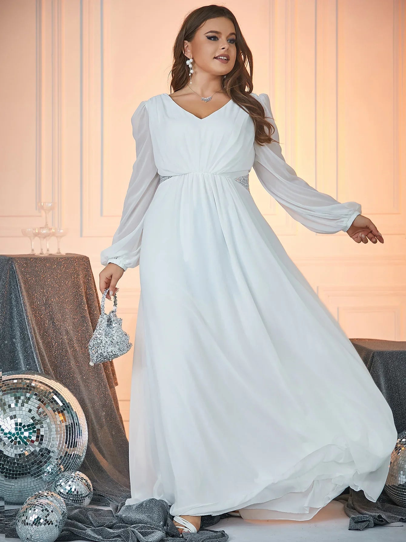 Wedding Dresses- Classic Bridal Gown Plus Size Long Sleeve Wedding Dress- - IndioGear Women Clothing