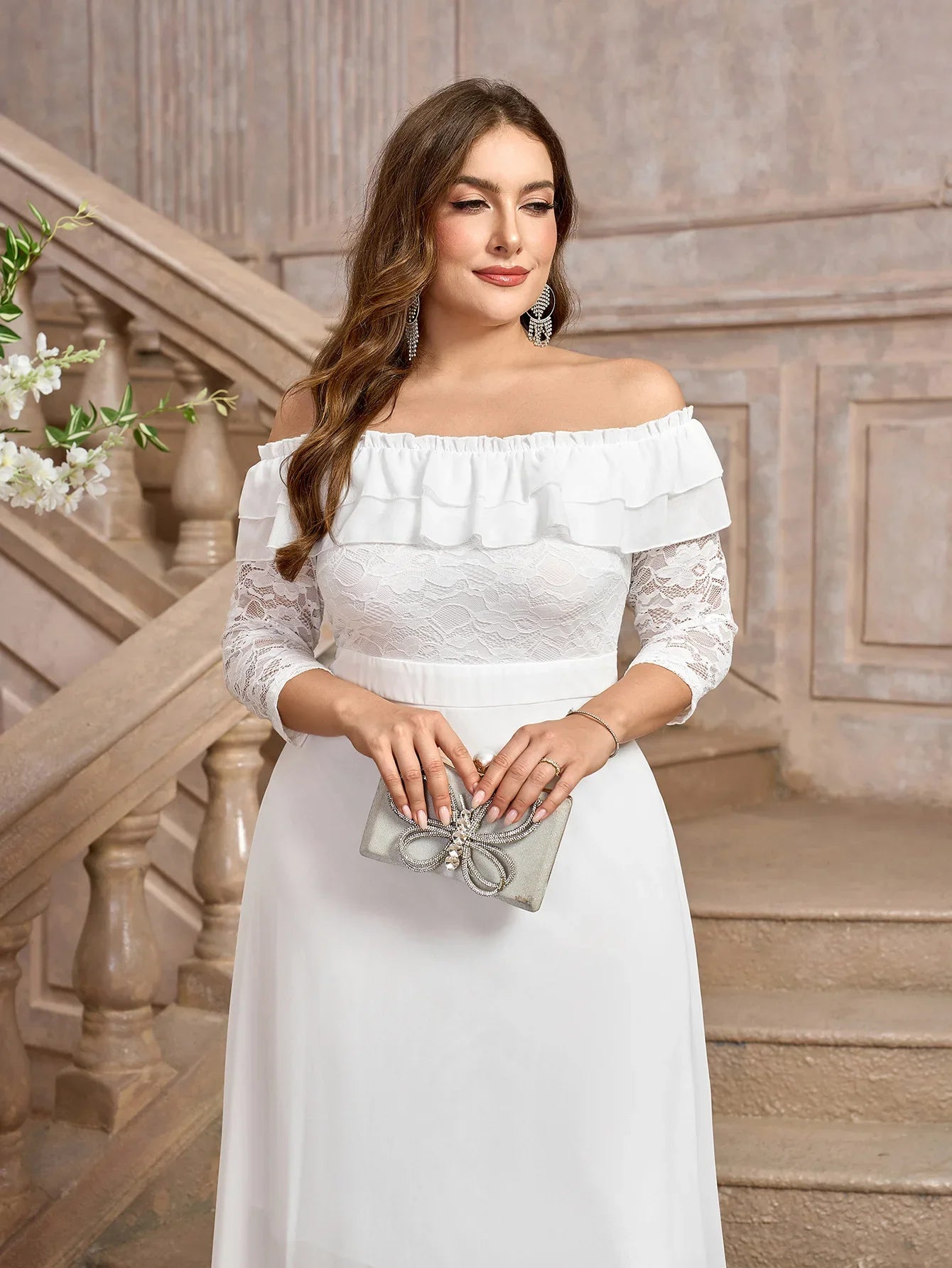 Wedding Dresses- Elegant A-Line Plus Size Wedding Dress with Lace Sleeves- - IndioGear Women Clothing