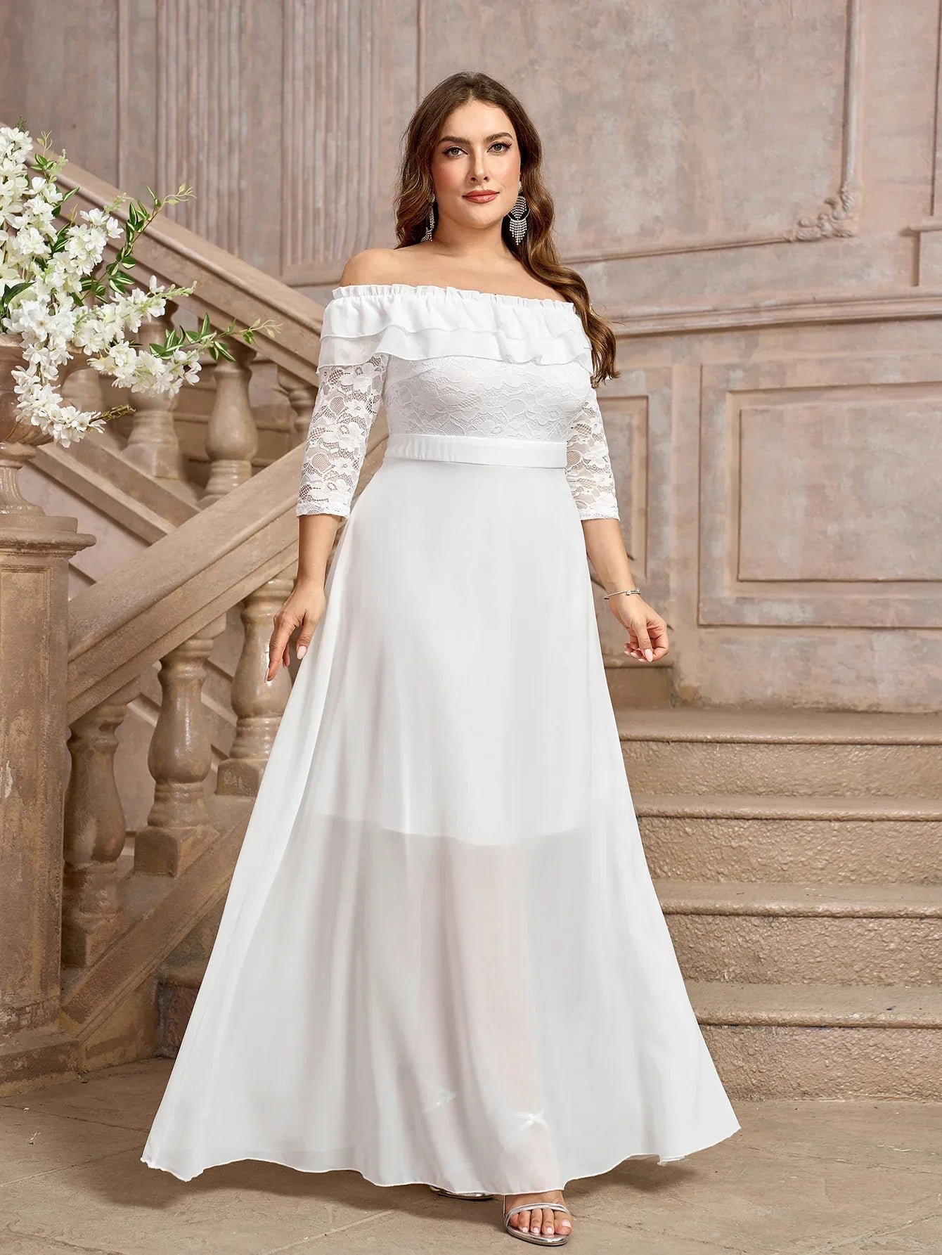 Wedding Dresses- Elegant A-Line Plus Size Wedding Dress with Lace Sleeves- - IndioGear Women Clothing