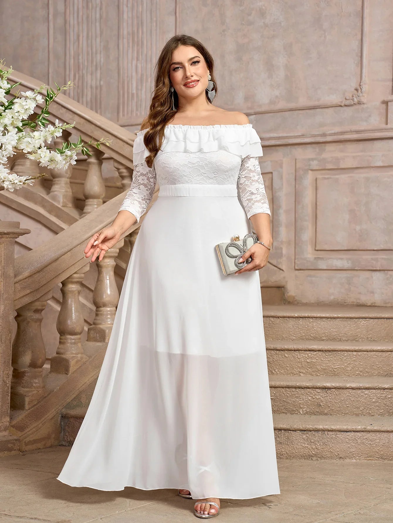 Wedding Dresses- Elegant A-Line Plus Size Wedding Dress with Lace Sleeves- - IndioGear Women Clothing