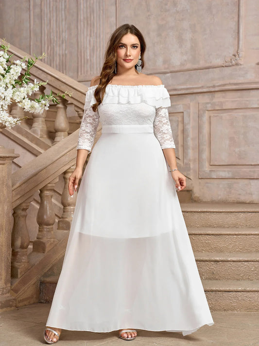 Wedding Dresses- Elegant A-Line Plus Size Wedding Dress with Lace Sleeves- White- IndioGear Women Clothing