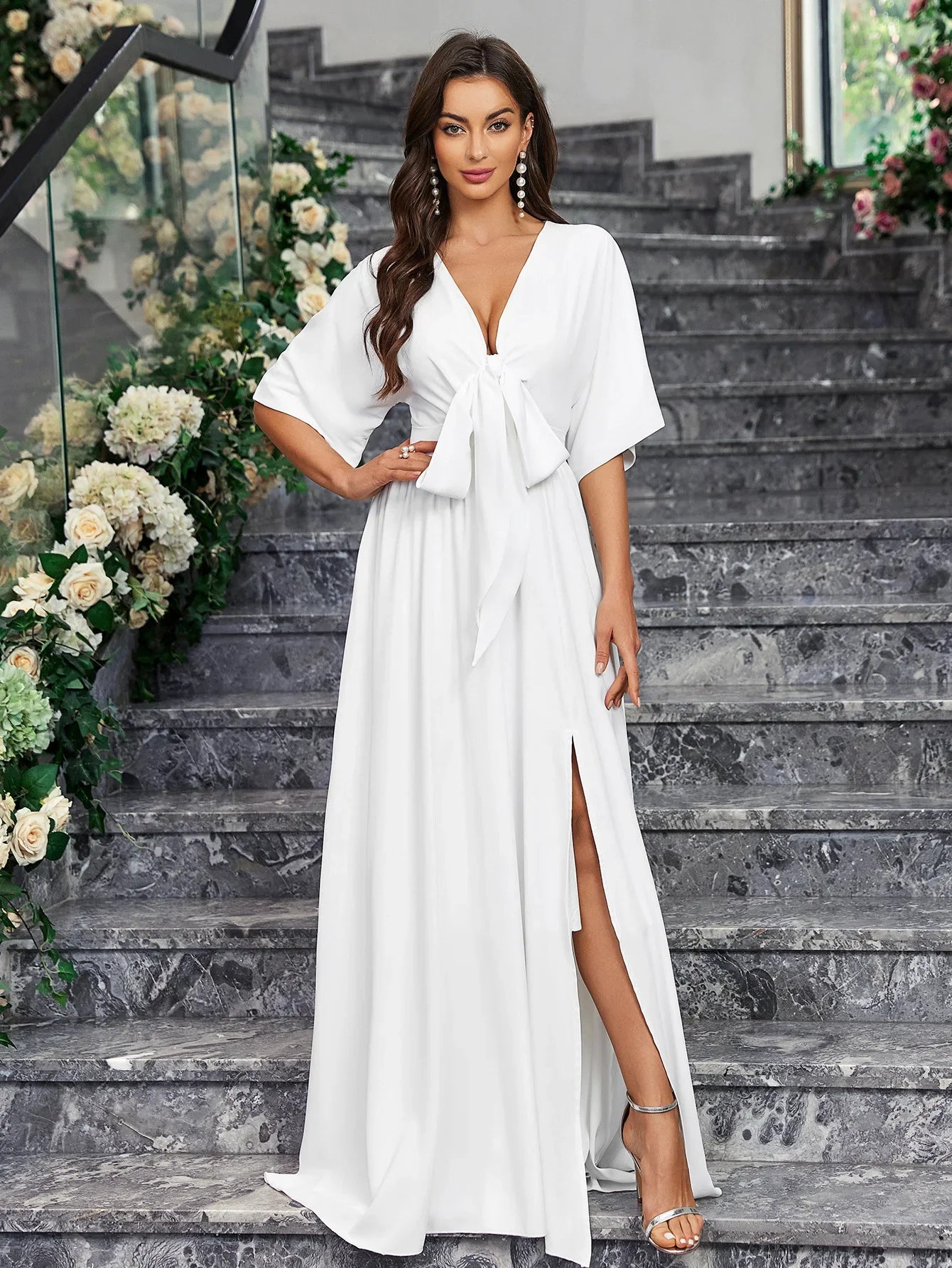 Wedding Dresses- Elegant Brides Satin Slit Gown for Weddings- - IndioGear Women Clothing