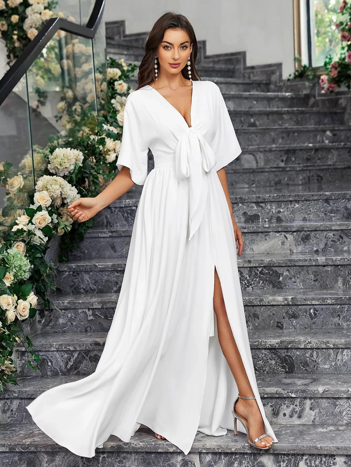 Wedding Dresses- Elegant Brides Satin Slit Gown for Weddings- - IndioGear Women Clothing