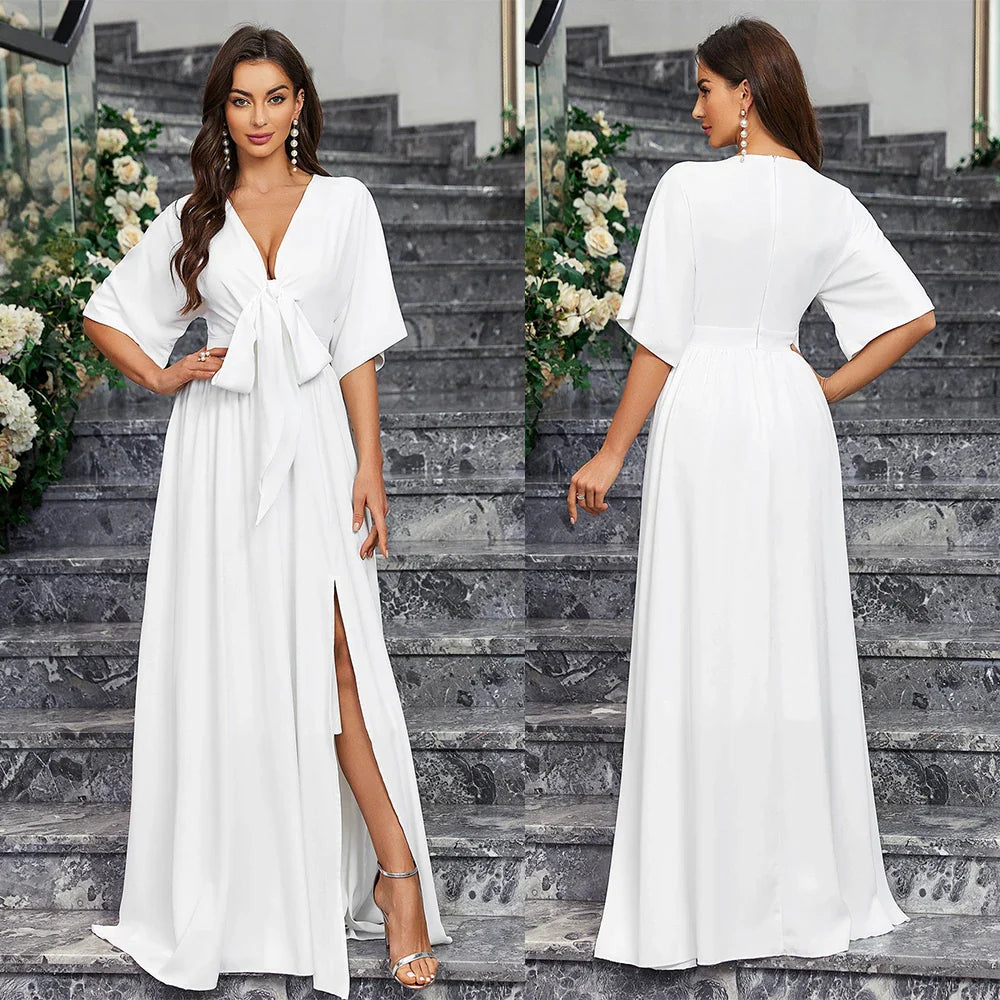 Wedding Dresses- Elegant Brides Satin Slit Gown for Weddings- White- IndioGear Women Clothing