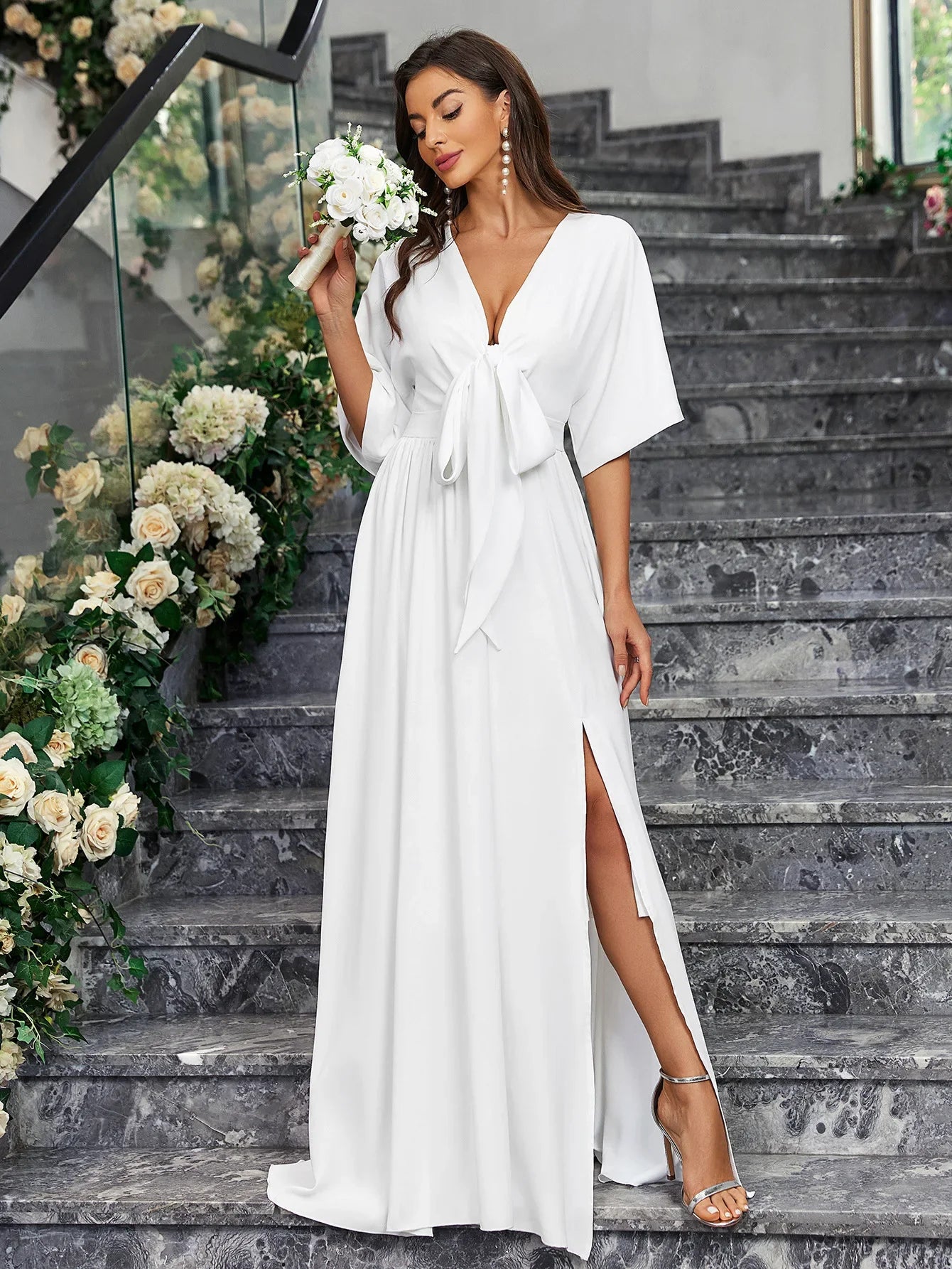 Wedding Dresses- Elegant Brides Satin Slit Gown for Weddings- - IndioGear Women Clothing