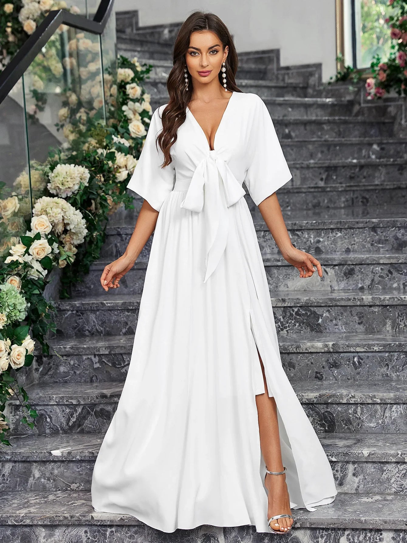 Wedding Dresses- Elegant Brides Satin Slit Gown for Weddings- - IndioGear Women Clothing