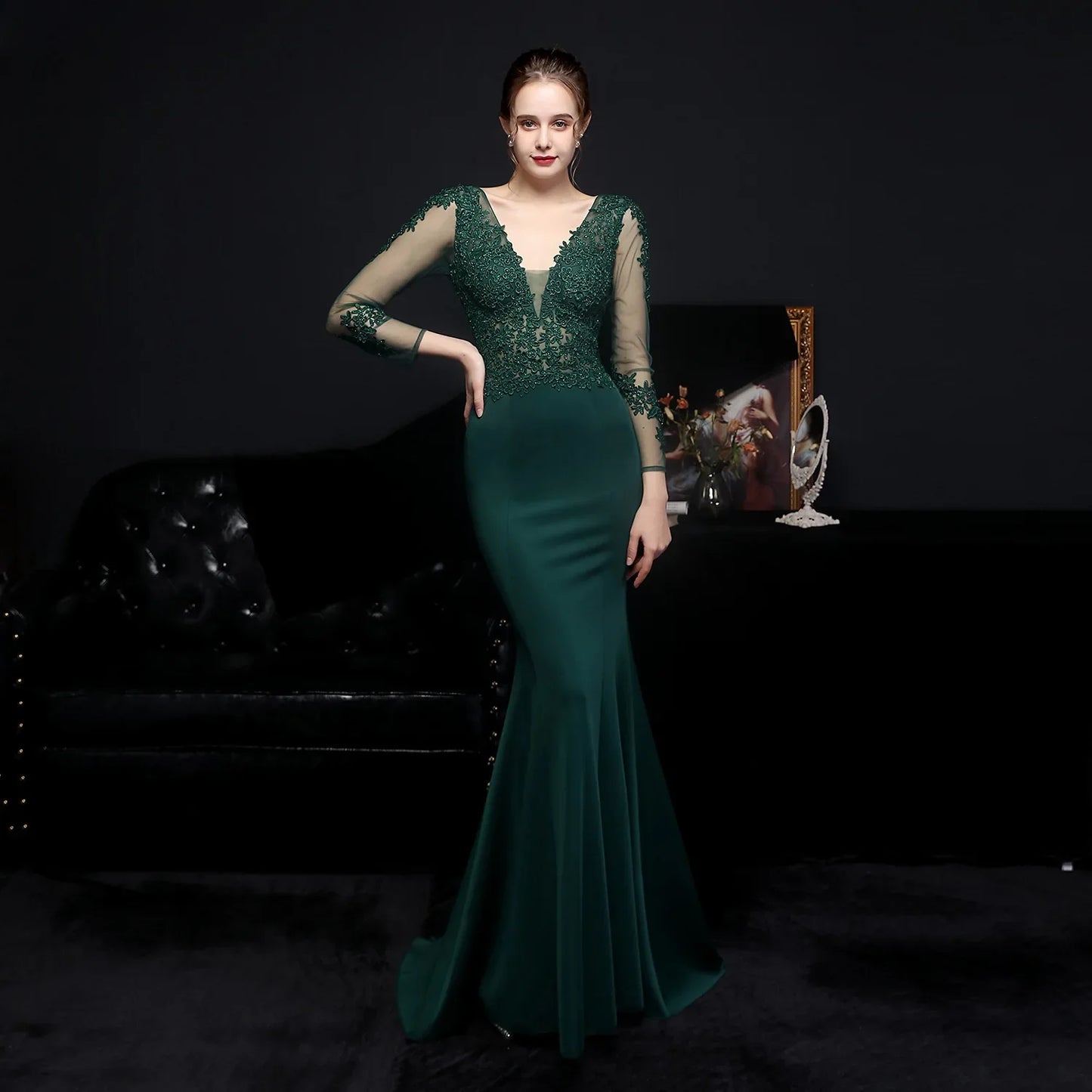 Wedding Dresses- Elegant Long Sleeve Satin Dress Mermaid Gown for Winter Weddings- Green- IndioGear Women Clothing