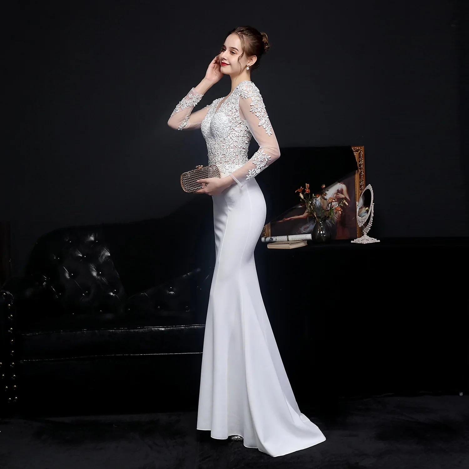 Wedding Dresses- Elegant Long Sleeve Satin Dress Mermaid Gown for Winter Weddings- - IndioGear Women Clothing