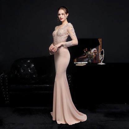 Wedding Dresses- Elegant Long Sleeve Satin Dress Mermaid Gown for Winter Weddings- - IndioGear Women Clothing