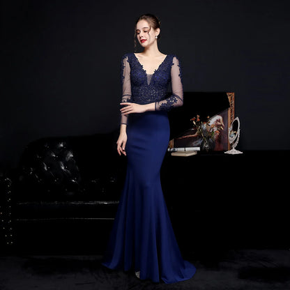 Wedding Dresses- Elegant Long Sleeve Satin Dress Mermaid Gown for Winter Weddings- Navy Blue- IndioGear Women Clothing