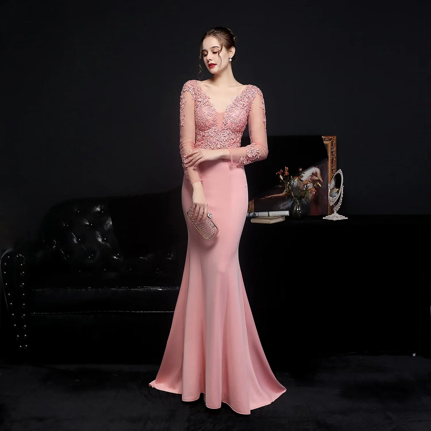 Wedding Dresses- Elegant Long Sleeve Satin Dress Mermaid Gown for Winter Weddings- - IndioGear Women Clothing