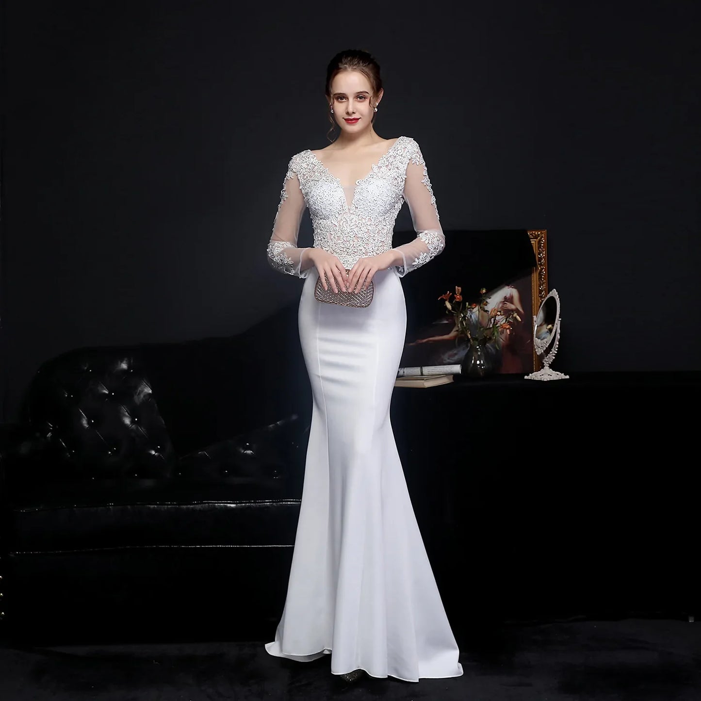 Wedding Dresses- Elegant Long Sleeve Satin Dress Mermaid Gown for Winter Weddings- White- IndioGear Women Clothing