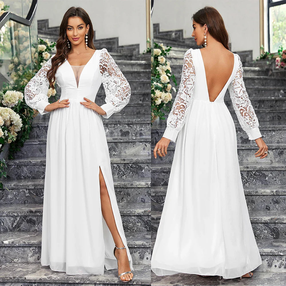 Wedding Dresses- Elegant Vineyard Wedding Gown Backless Bridal Dress- White- IndioGear Women Clothing