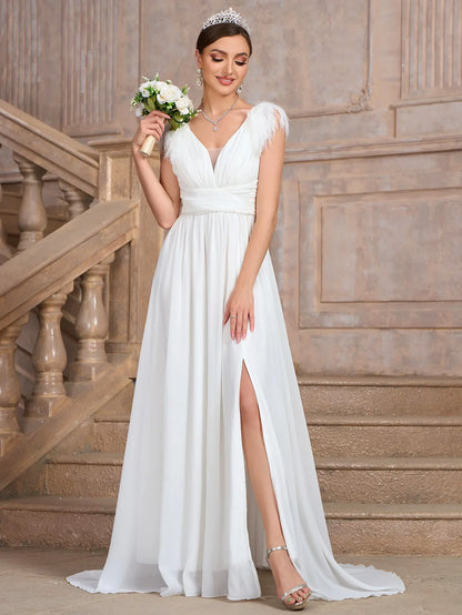 Wedding Dresses- Formal Wedding Dress Feather-Trim V-Neck Bridal Gown- - IndioGear Women Clothing