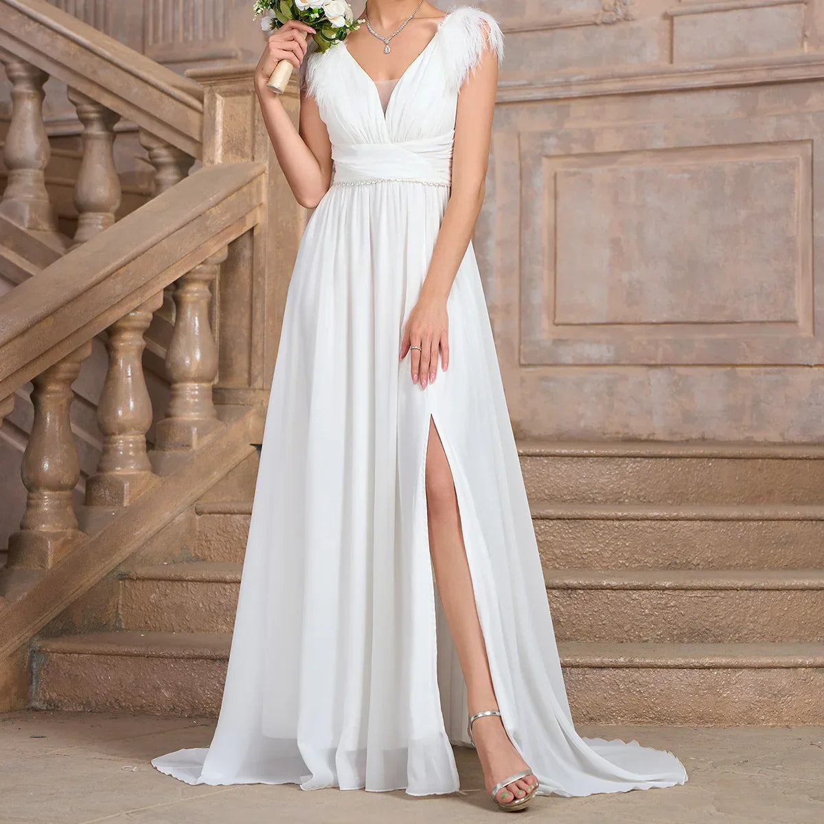 Wedding Dresses- Formal Wedding Dress Feather-Trim V-Neck Bridal Gown- - IndioGear Women Clothing