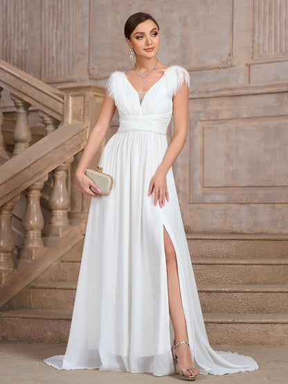 Wedding Dresses- Formal Wedding Dress Feather-Trim V-Neck Bridal Gown- - IndioGear Women Clothing