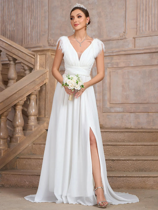 Wedding Dresses- Formal Wedding Dress Feather-Trim V-Neck Bridal Gown- - IndioGear Women Clothing