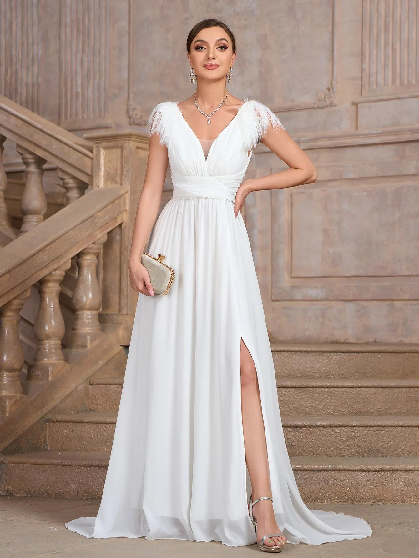 Wedding Dresses- Formal Wedding Dress Feather-Trim V-Neck Bridal Gown- - IndioGear Women Clothing