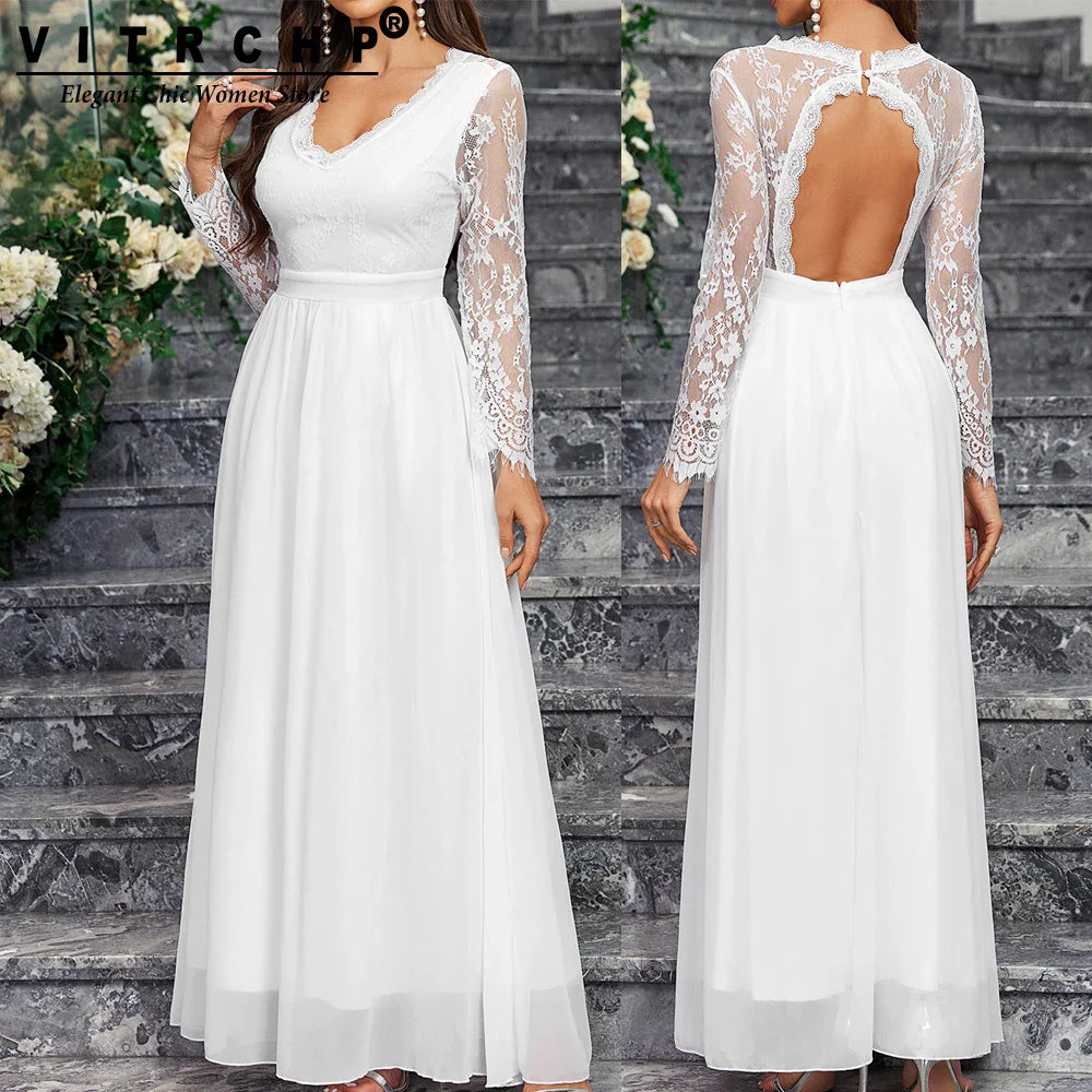 Wedding Dresses- Lace Sleeve Backless Wedding Gown Formal Bridal Dress- - IndioGear Women Clothing