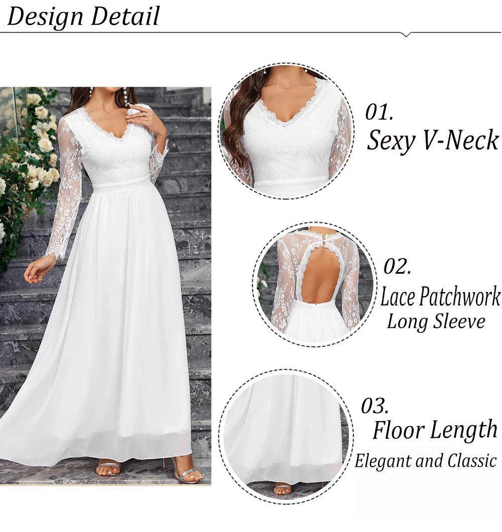 Wedding Dresses- Lace Sleeve Backless Wedding Gown Formal Bridal Dress- - IndioGear Women Clothing