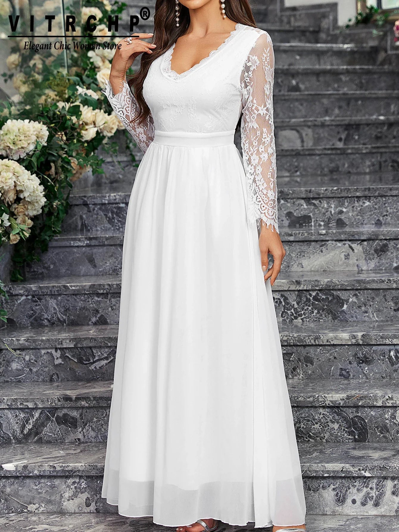 Wedding Dresses- Lace Sleeve Backless Wedding Gown Formal Bridal Dress- - IndioGear Women Clothing