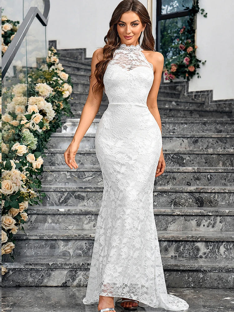 Wedding Dresses- Mermaid Bridal Gown Lace Wedding Dress for Vineyard Nuptials- White- IndioGear Women Clothing