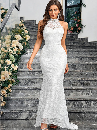 Wedding Dresses- Mermaid Bridal Gown Lace Wedding Dress for Vineyard Nuptials- White- IndioGear Women Clothing