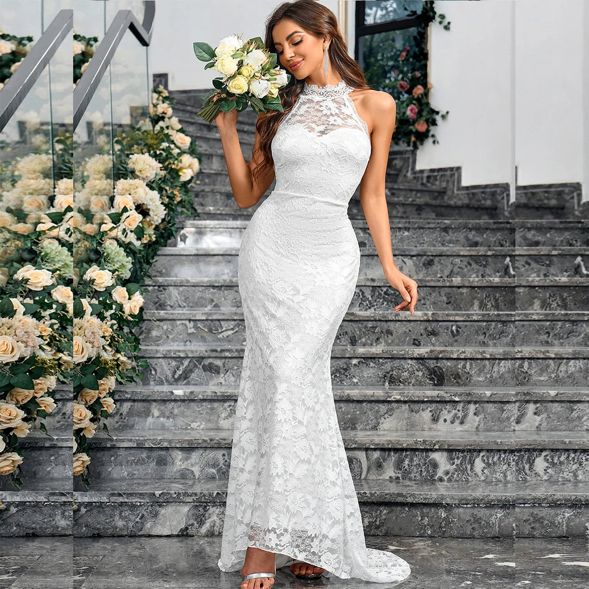 Wedding Dresses- Mermaid Bridal Gown Lace Wedding Dress for Vineyard Nuptials- - IndioGear Women Clothing