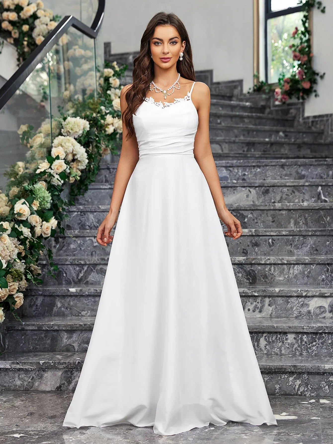 Wedding Dresses- Sweep Train Bridal Gown Church Wedding Dress- White- IndioGear Women Clothing