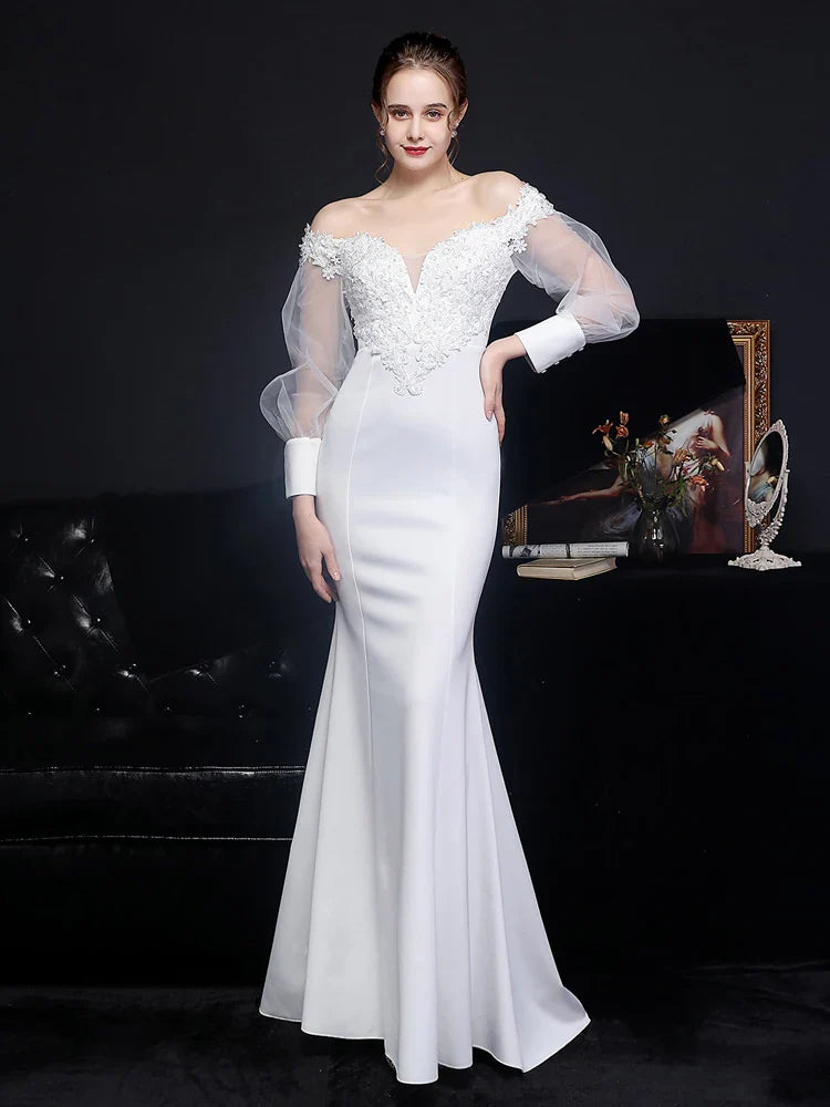 Wedding Dresses- Sweep Train Wedding Mermaid Gown Off-Shoulder Wedding Dress- - IndioGear Women Clothing