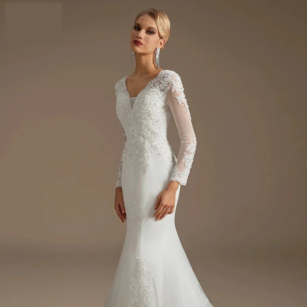 Wedding Dresses- Wedding Dress Mermaid Court Train Bridal Gown with Long Sleeve- - IndioGear Women Clothing