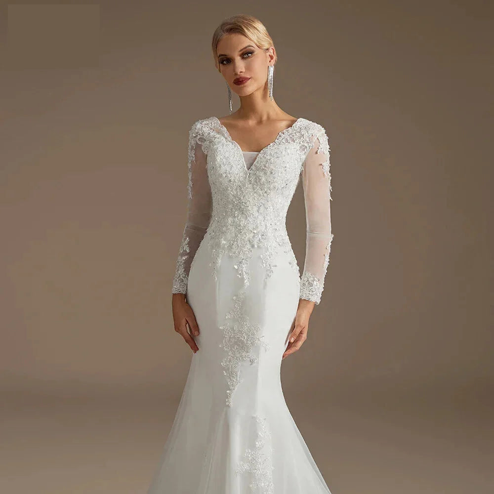 Wedding Dresses- Wedding Dress Mermaid Court Train Bridal Gown with Long Sleeve- - IndioGear Women Clothing