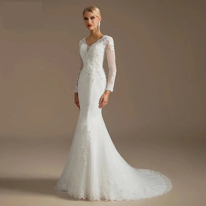 Wedding Dresses- Wedding Dress Mermaid Court Train Bridal Gown with Long Sleeve- - IndioGear Women Clothing