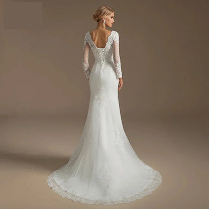 Wedding Dresses- Wedding Dress Mermaid Court Train Bridal Gown with Long Sleeve- - IndioGear Women Clothing