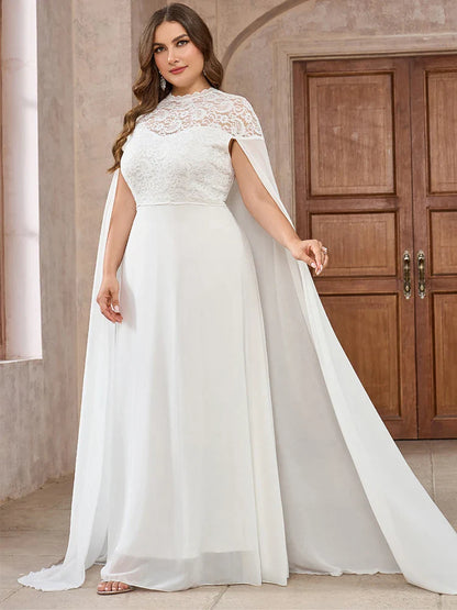 Wedding Dresses- Wedding Dress with Watteau Train Plus Size Bridal Gown- White- IndioGear Women Clothing