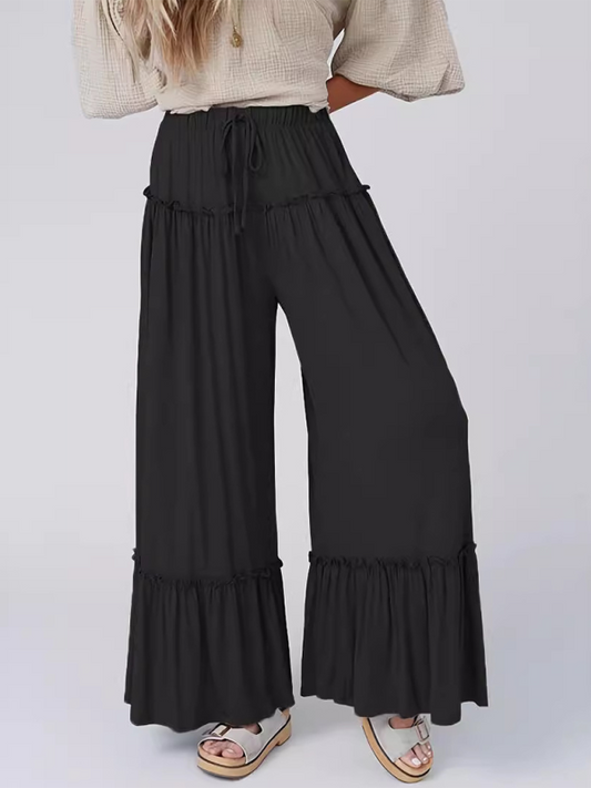 Wide-Leg Pants- Casual Wide-Leg Ruffle Pants for Women- Black- IndioGear.com