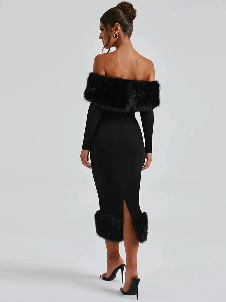 Winter Dresses- Elegant Faux Fur Winter Midi Party Dress- - IndioGear Women Clothing