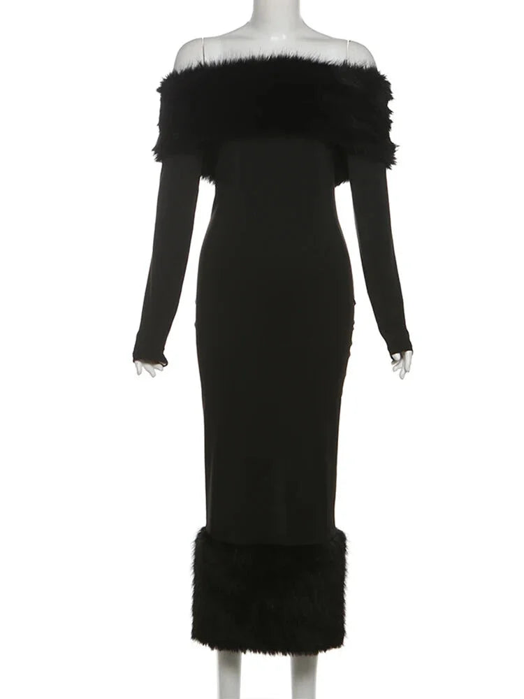 Winter Dresses- Elegant Faux Fur Winter Midi Party Dress- - IndioGear Women Clothing