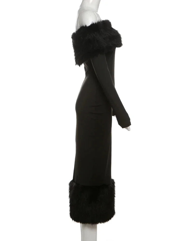 Winter Dresses- Elegant Faux Fur Winter Midi Party Dress- - IndioGear Women Clothing