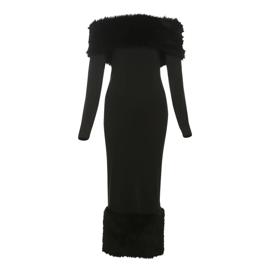 Winter Dresses- Elegant Faux Fur Winter Midi Party Dress- - IndioGear Women Clothing