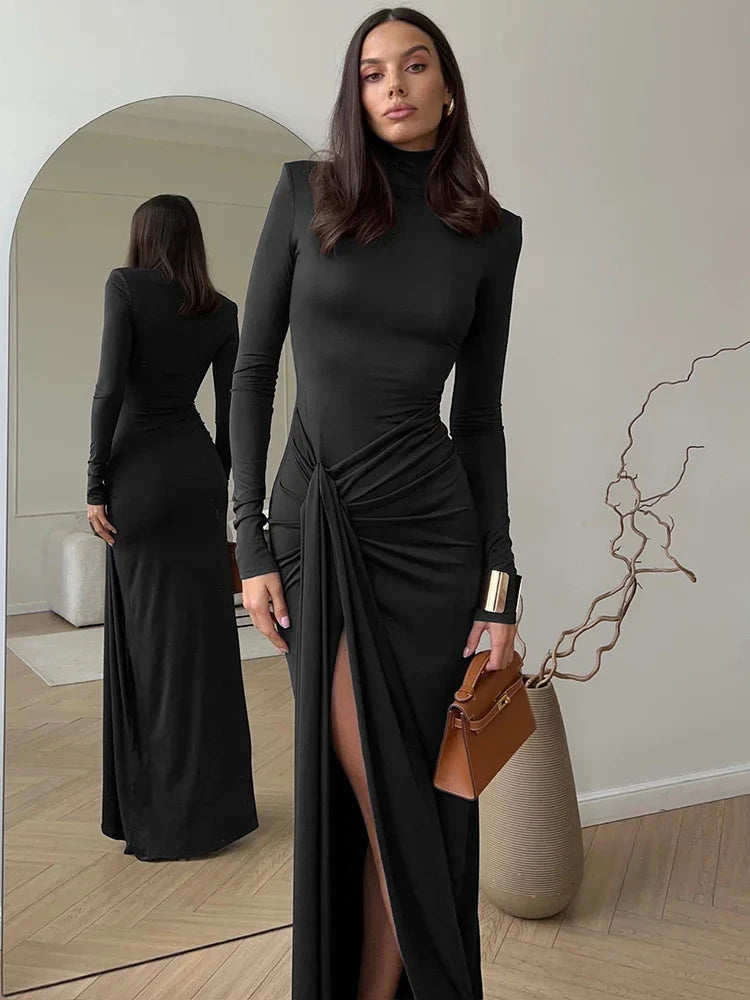 Winter Dresses- Elegant Knot Side Winter Wedding Dress High Neck Evening Gown- Black- IndioGear Women Clothing