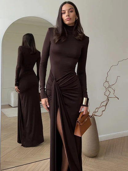 Winter Dresses- Elegant Knot Side Winter Wedding Dress High Neck Evening Gown- Brown- IndioGear Women Clothing