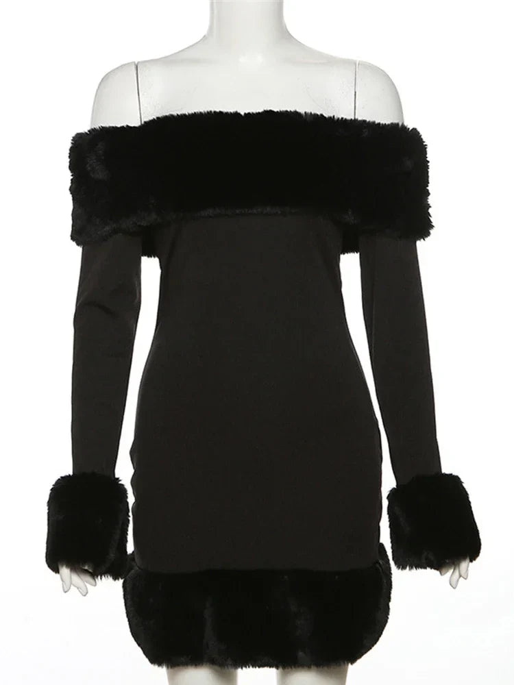 Winter Dresses- Faux Fur Party Winter Mini Dress for Cocktails- - IndioGear Women Clothing