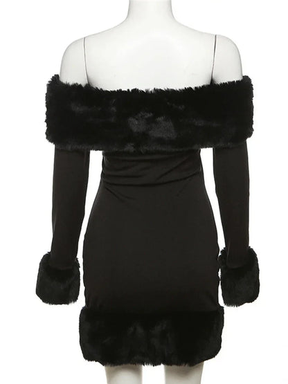 Winter Dresses- Faux Fur Party Winter Mini Dress for Cocktails- - IndioGear Women Clothing