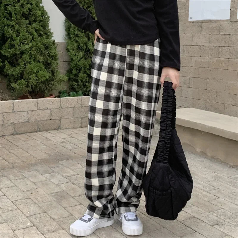 Winter Pants- Plush Lined Plaid Loungewear Pants for Women- Big Black- IndioGear Women Clothing