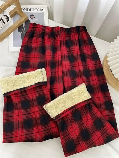 Winter Pants- Plush Lined Plaid Loungewear Pants for Women- - IndioGear Women Clothing