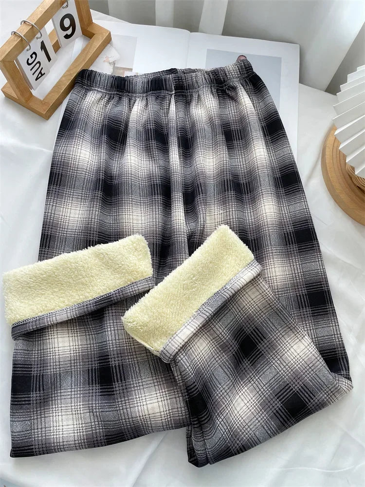 Winter Pants- Plush Lined Plaid Loungewear Pants for Women- Grey- IndioGear Women Clothing