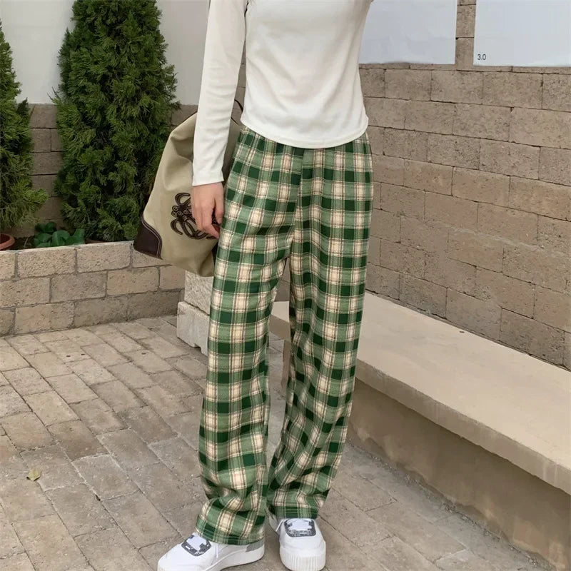 Winter Pants- Plush Lined Plaid Loungewear Pants for Women- Dark Green- IndioGear Women Clothing